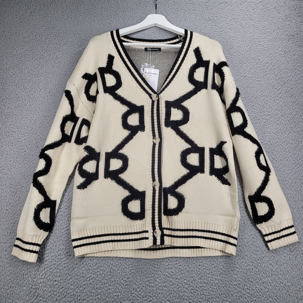 PRETTY GARDEN Sweater Size SMALL Ivory Black Chunky Knit Cardigan NEW